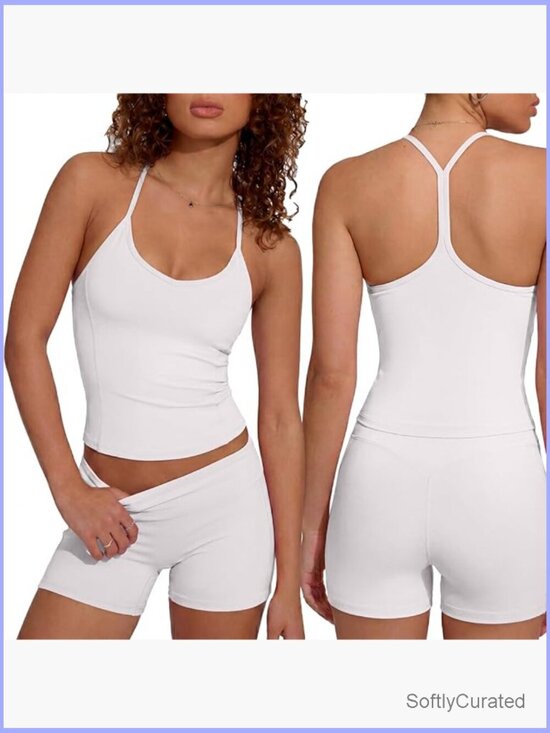 Tops - 2 Piece Workout Set with Padded Sports Bra and Scrunch Shorts